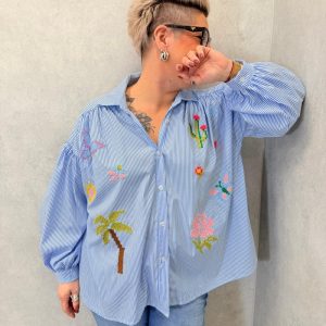 Chemise Grande Taille Rayée En Coton À Broderies Fantaisie