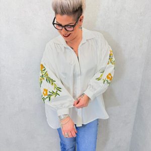 Chemise Grande Taille En Coton À Broderies Florales Sur Manches