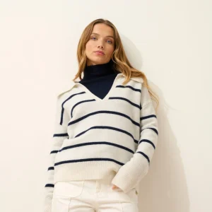 AMARISSE polo col v croisé 4 fils bi-color navy/blanc chiné