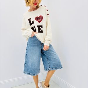 Pull Message Love à Détail Boutonné en Maille Douce