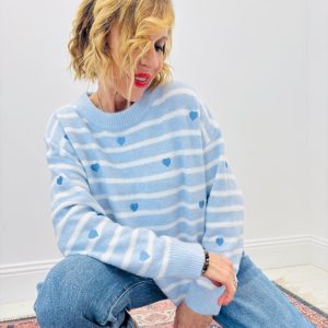 Pull Rayé À Motifs Cœurs En Maille Douce