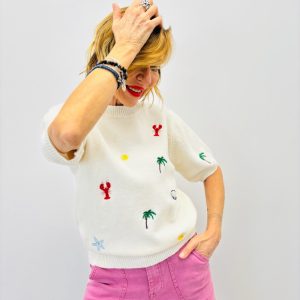 Pull À Manches Courtes Brodé En Maille Légère