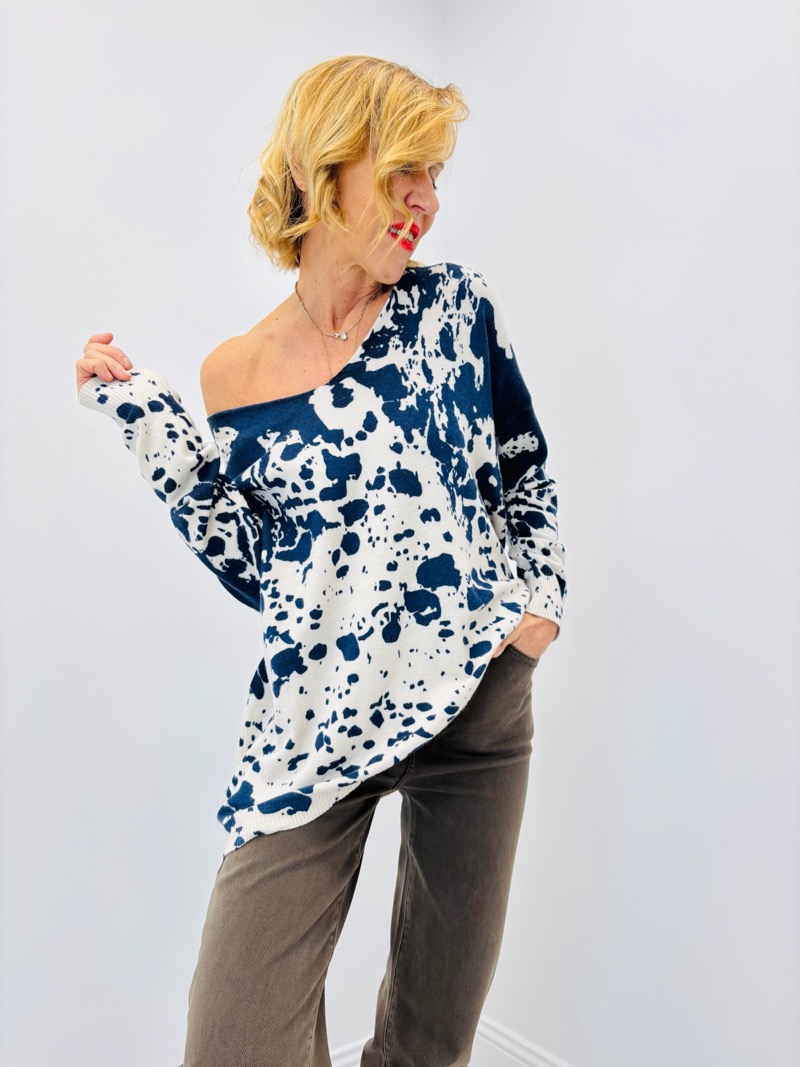 Pull Oversize Tacheté Bleu Marine – Viscose & Modal Ultra Doux