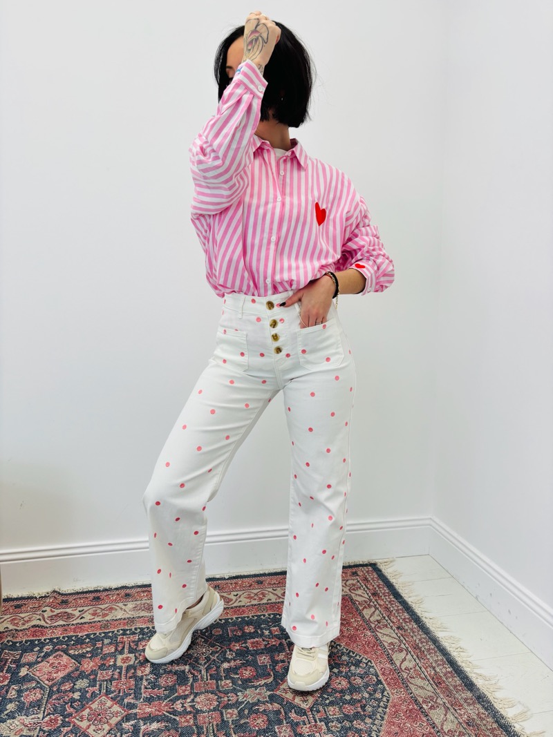 Jean Coupe Wide Leg À Pois Taille Haute