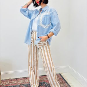 Chemise Rayée En Coton À Poche Fleurie Contrastée