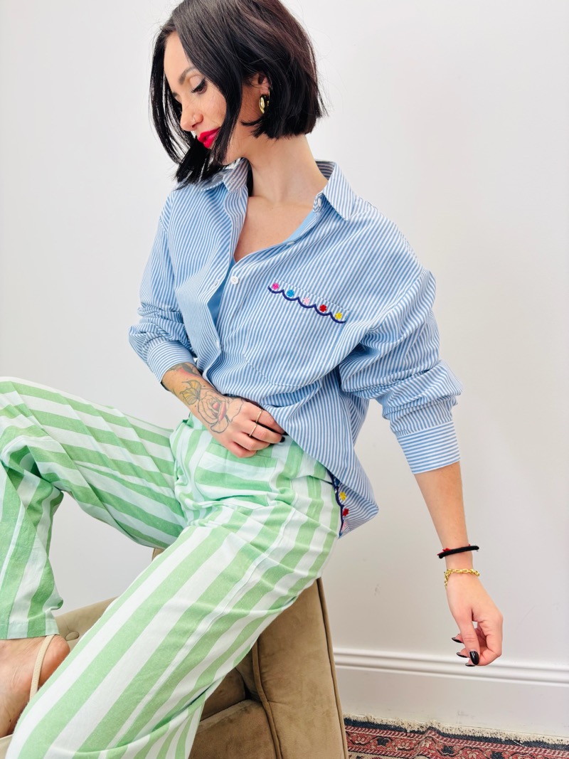 Chemise Rayée En Coton À Broderies Florales Et Finition Festonnée