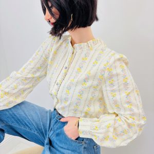 Chemise En Coton Imprimé À Rayures Florales Et Col Délicatement Froncé