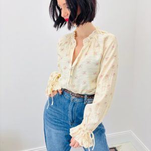 Chemise En Coton Imprimé À Col Froncé Et Manches Nouées