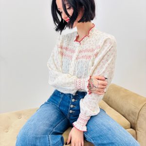 Chemise En Coton Imprimé À Smocks Brodés Et Col Volanté