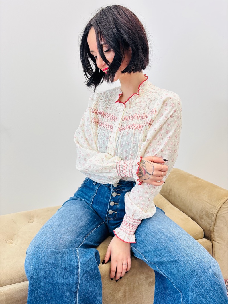 Chemise En Coton Imprimé À Smocks Brodés Et Col Volanté - Image 5