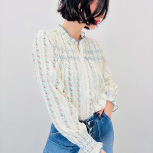 Chemise En Coton Rayé À Motifs Floraux Et Smocks Brodés