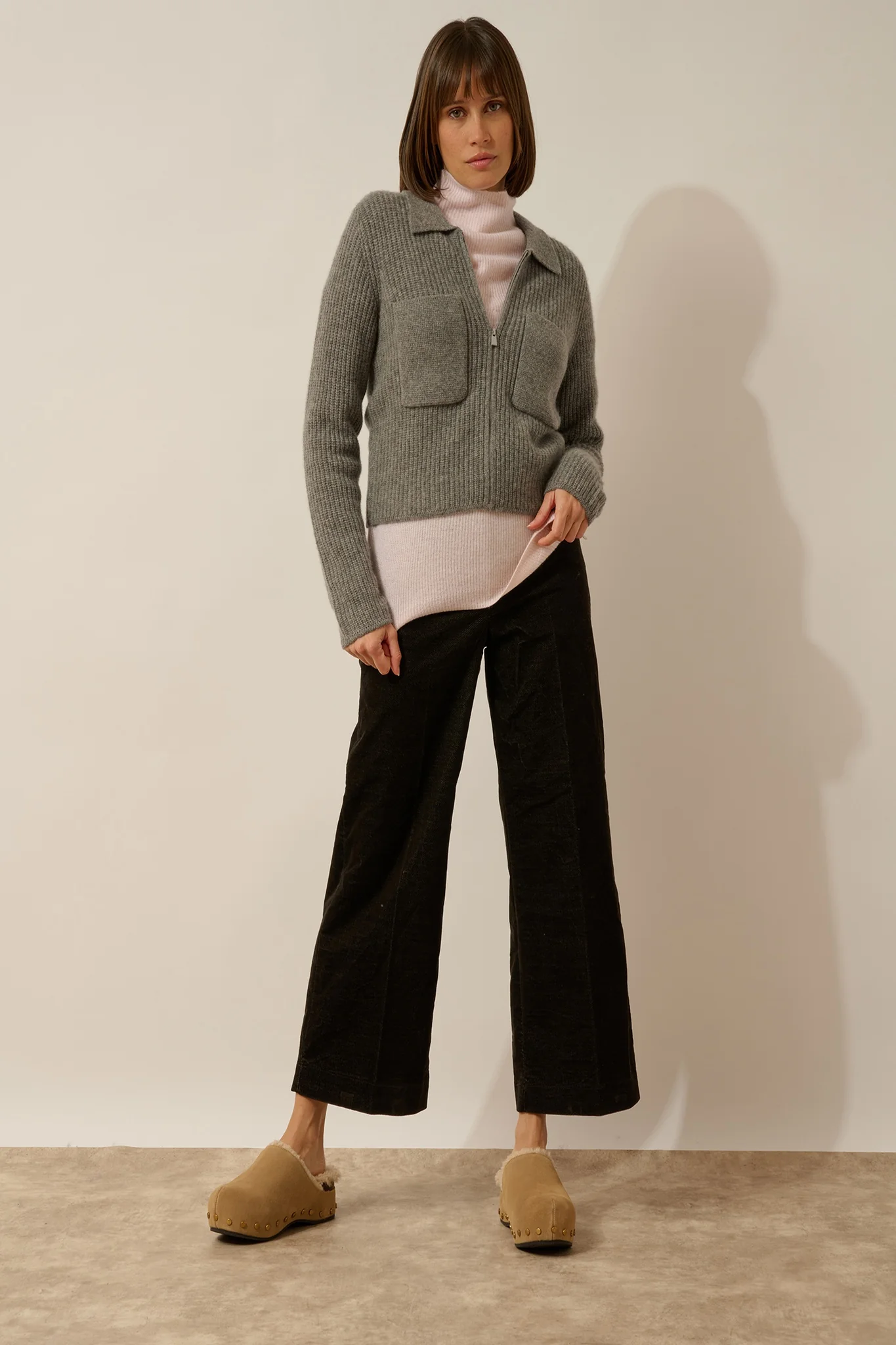 MARGARETHE veste courte zippée col chemise 4 fils flanelle chiné