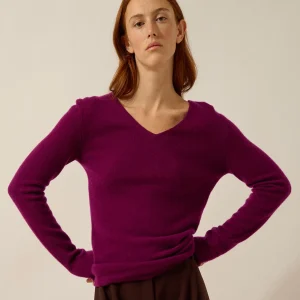 MIRELLA pull col v devant et dos prune