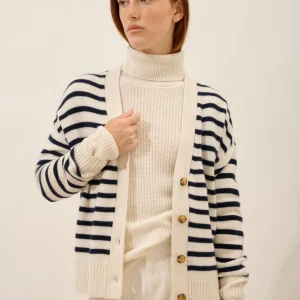MIRENA cardigan col v 4 fils bi-color navy/ivoire