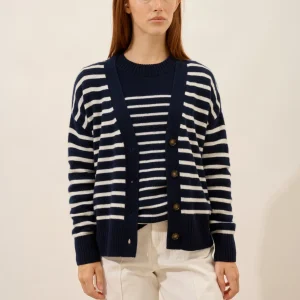 MIRENA cardigan col v 4 fils bi-color navy/ivoire