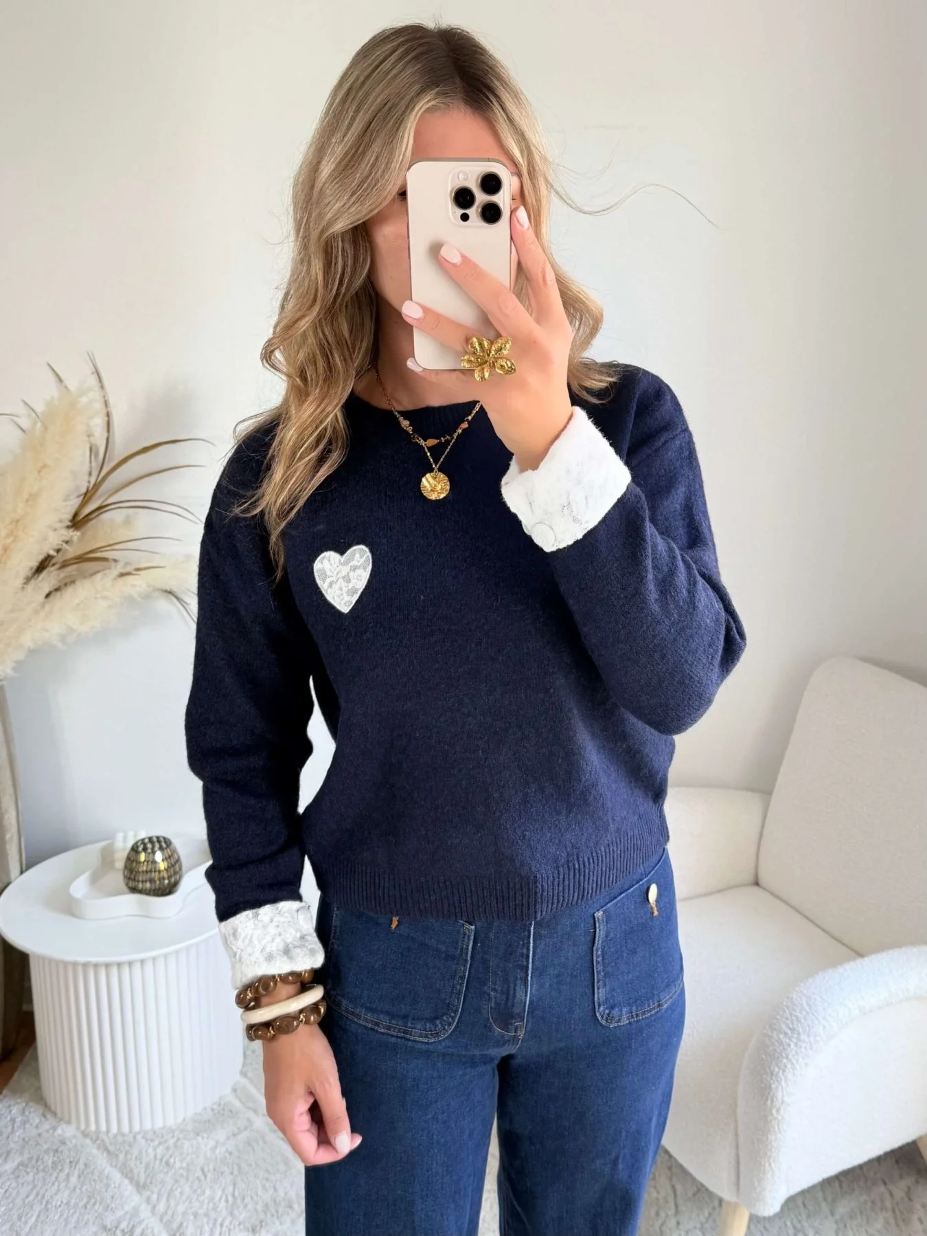 Pull marine dentelle coeur – Image 3