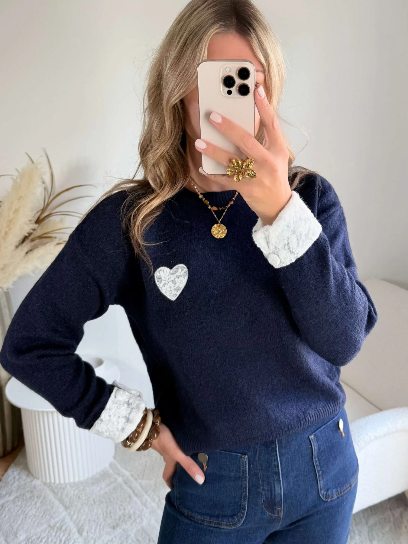 Pull marine dentelle coeur – Image 2