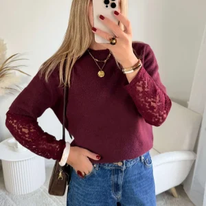 Pull manches dentelle bordeaux