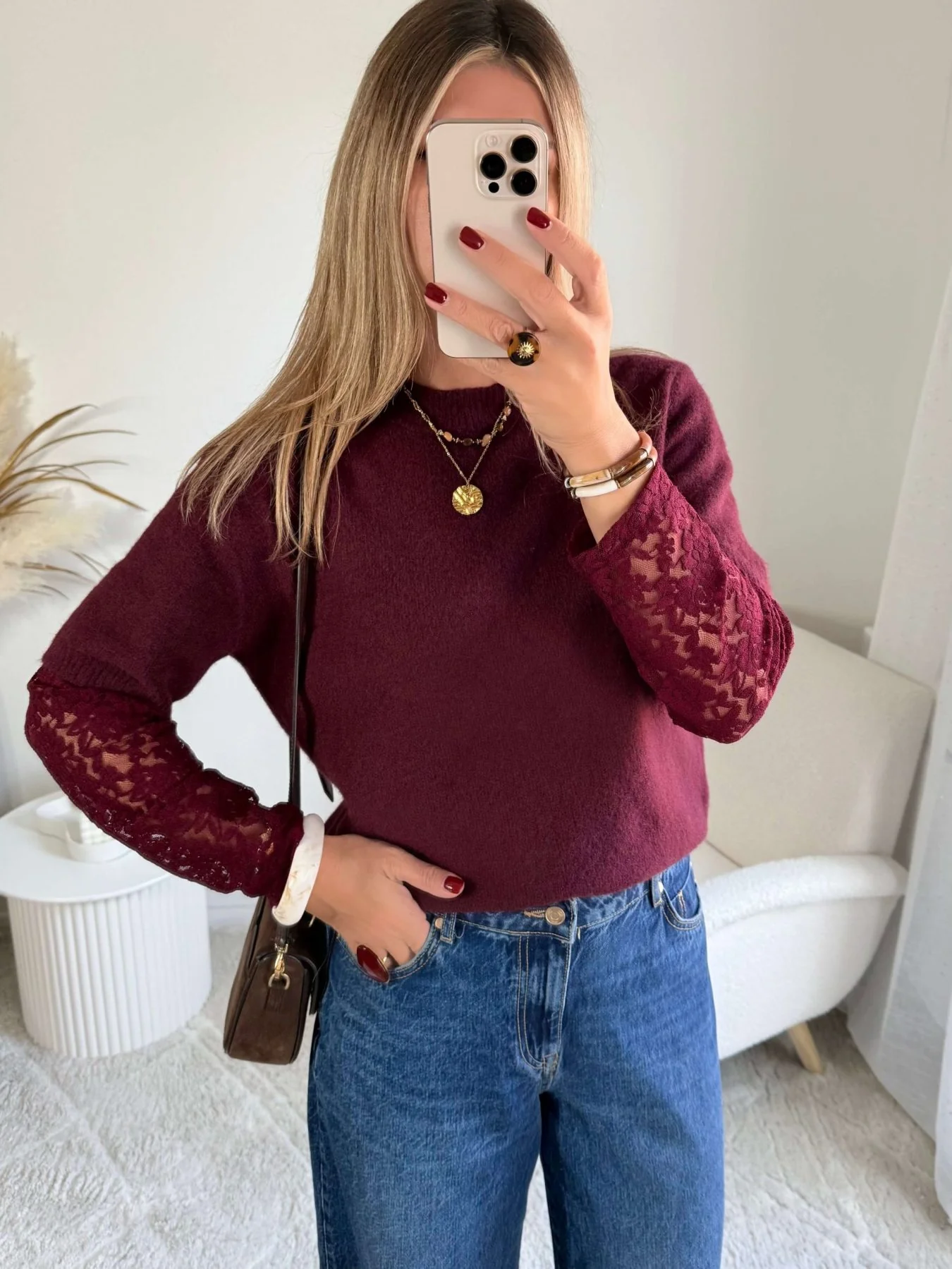 Pull manches dentelle bordeaux - Image 2