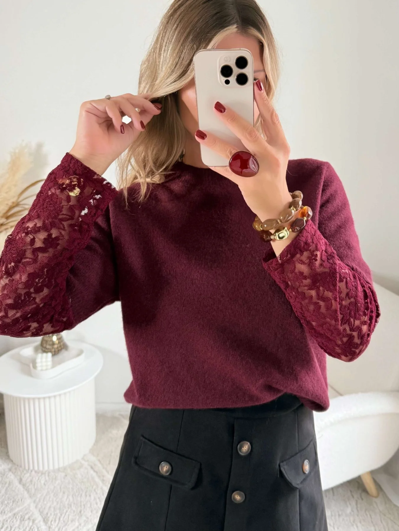 Pull manches dentelle bordeaux - Image 3
