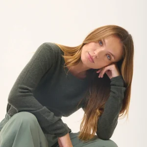 VIVIAN pull col rond kaki chiné