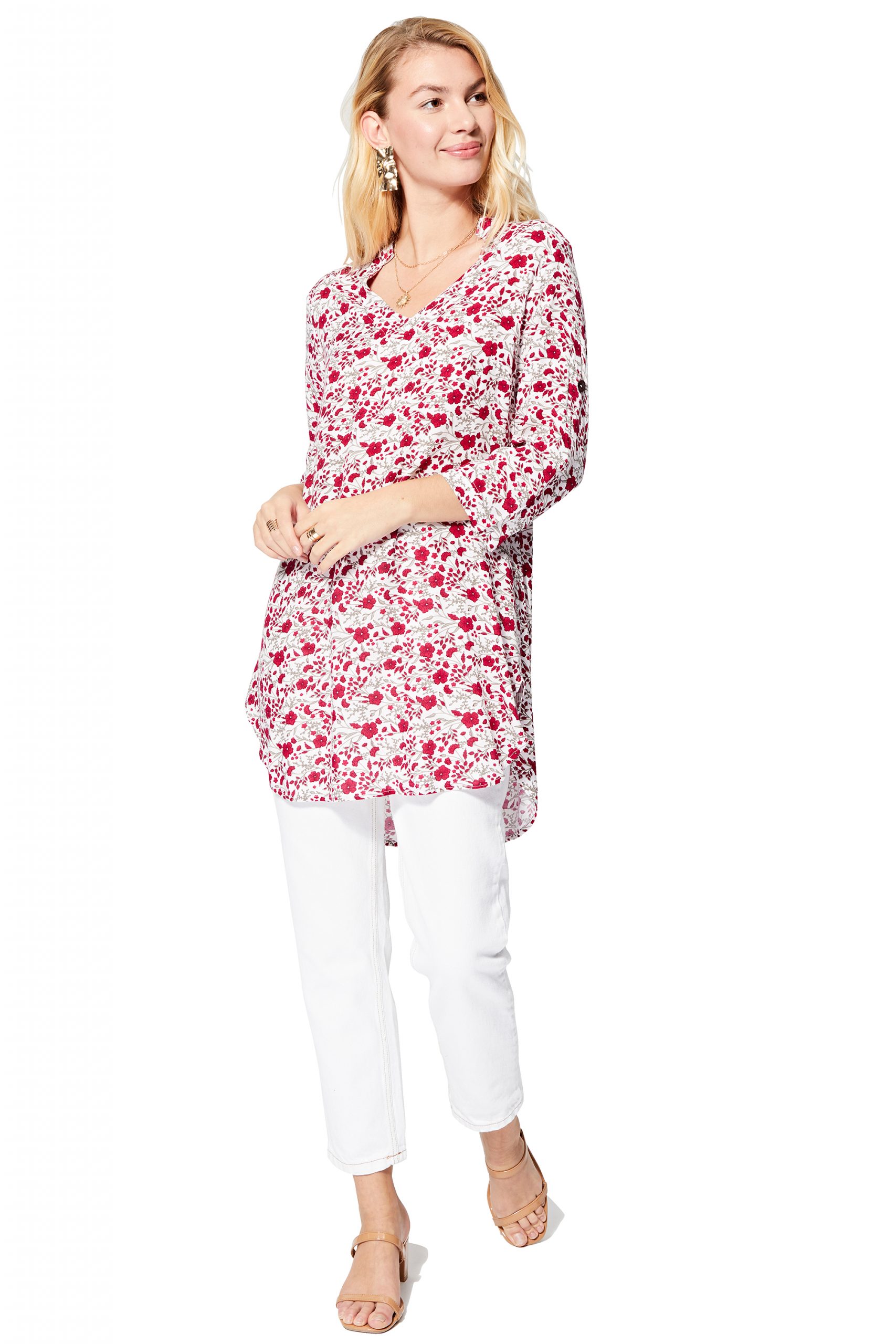 Blouse longue blanche à fleurs rouges – CHIPV0002B