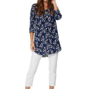 Blouse longue bleue marine à fleurs blanches et bleues – CHV0101B