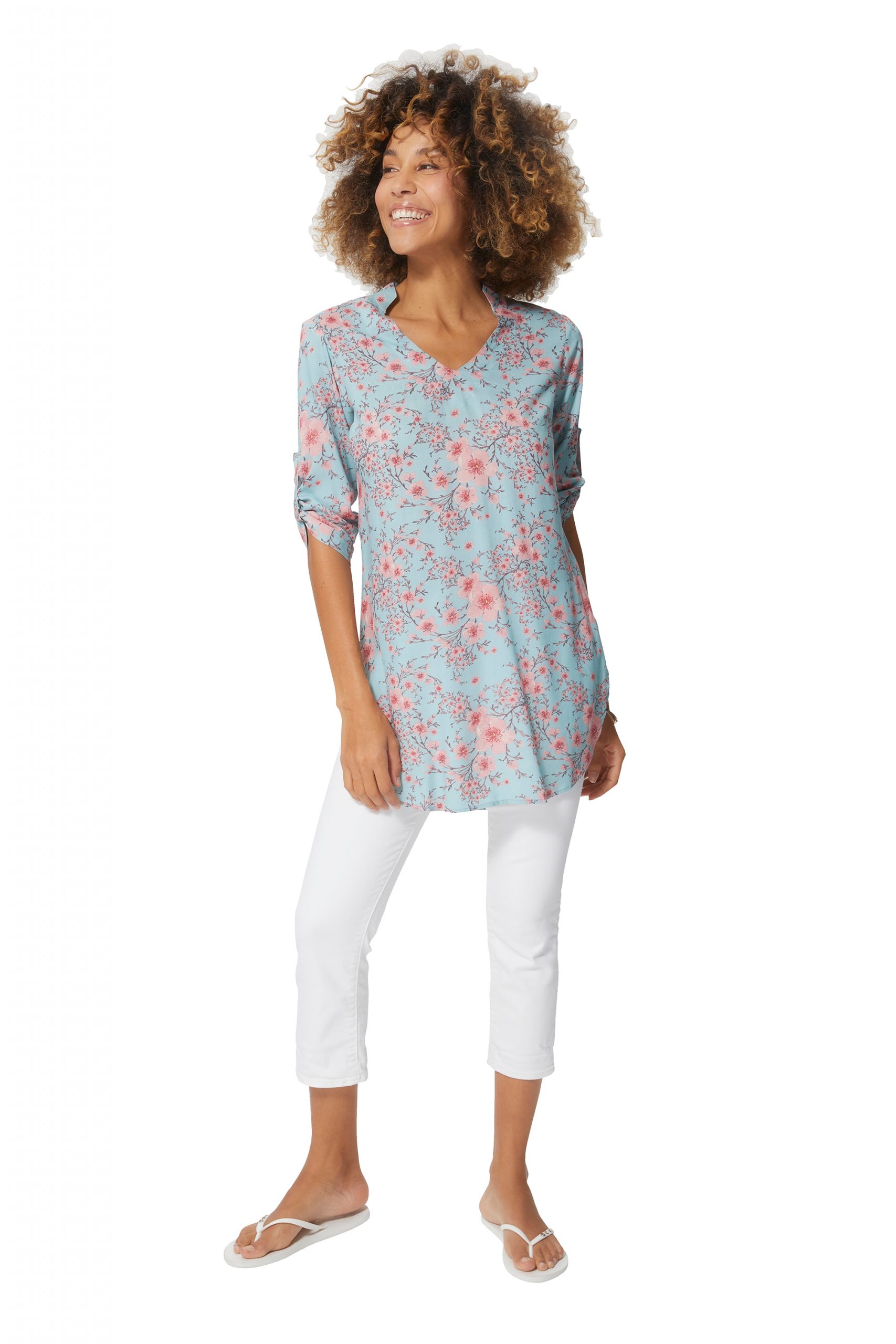 Blouse longue bleue à fleurs de cerisiers – CHV0101C – Image 2