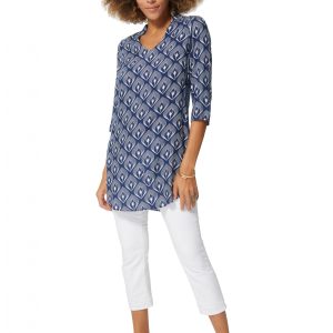 Blouse longue bleue à motifs ethniques blancs – CHV0101A