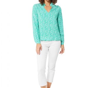 Blouse col en v vert turquoise à fleurs – TIPV0003A