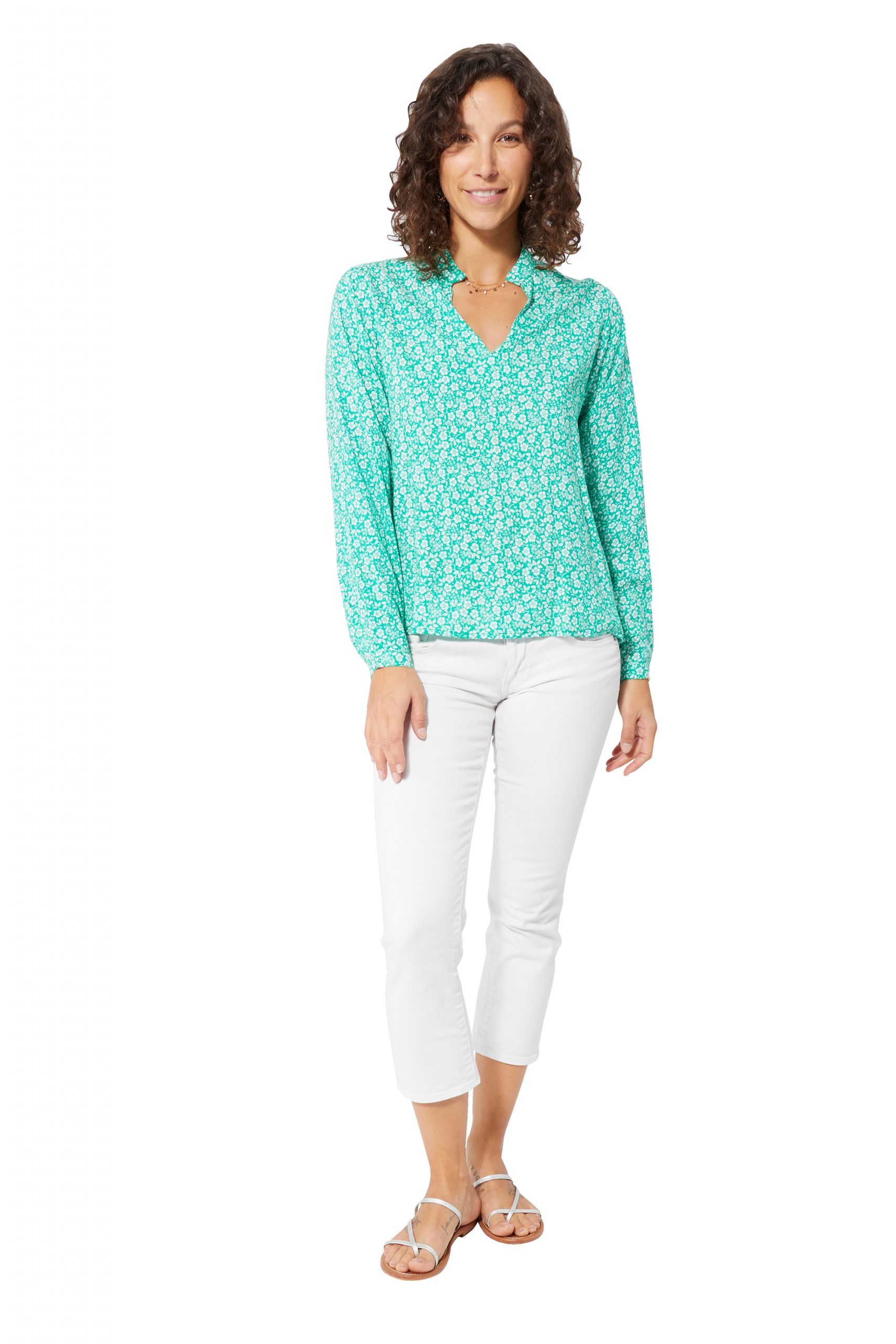 Blouse col en v vert turquoise à fleurs – TIPV0003A - Image 2