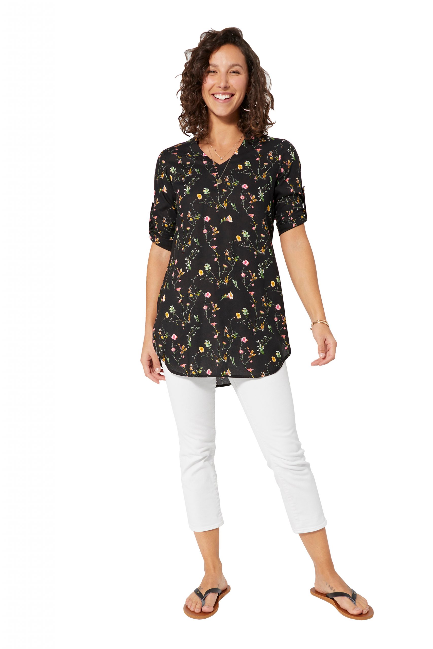 Blouse longue noire à fleurs – TIPV0005B