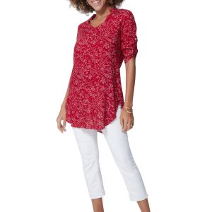 Blouse longue rouge à fleurs blanches – CHV0101G