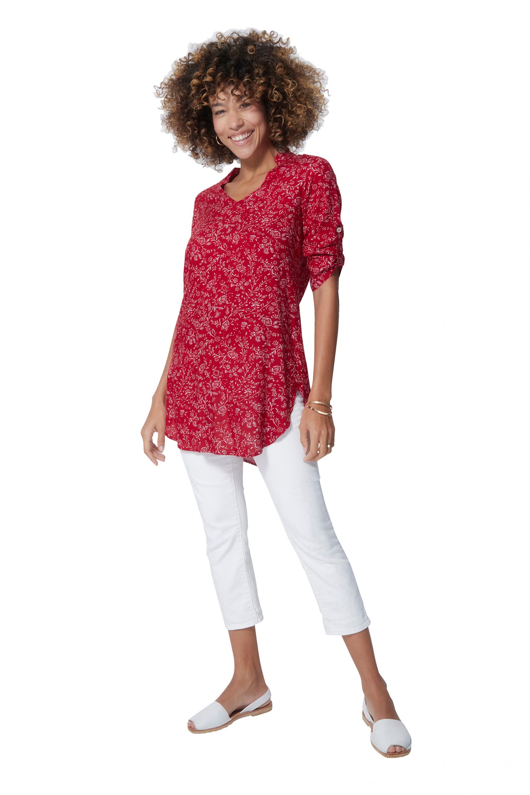 Blouse longue rouge à fleurs blanches – CHV0101G – Image 2