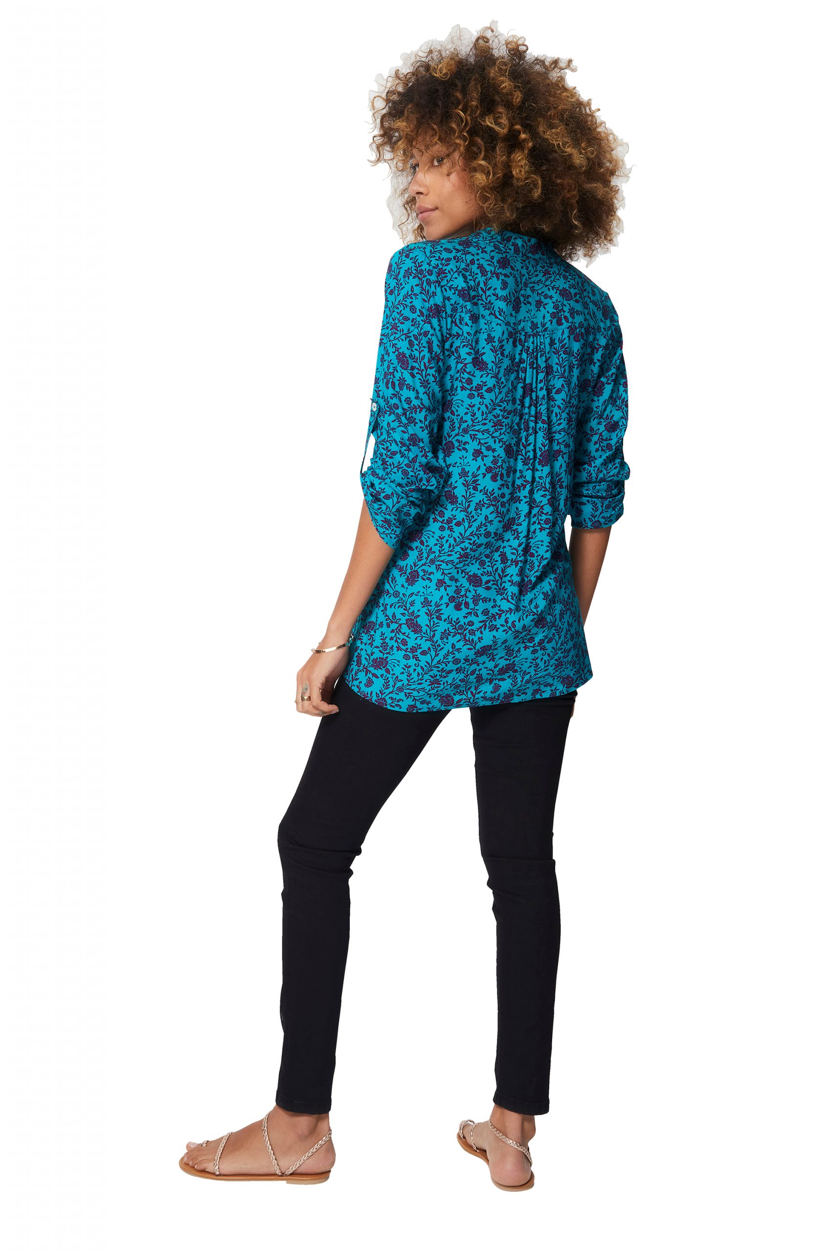 Blouse turquoise à fleurs roses – CHV0100G - Image 3