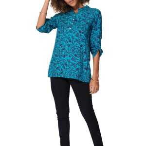 Blouse turquoise à fleurs roses – CHV0100G