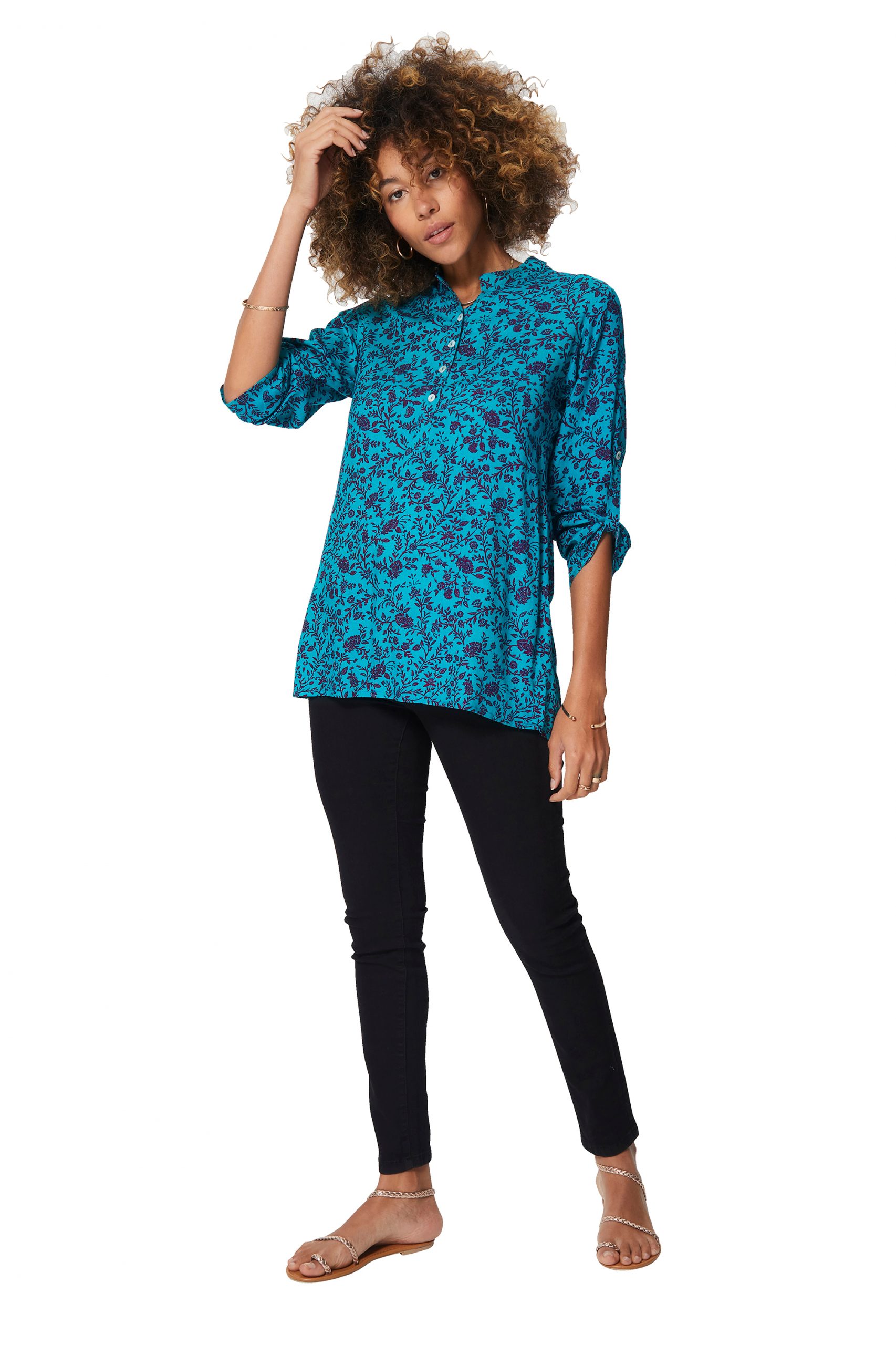 Blouse turquoise à fleurs roses – CHV0100G