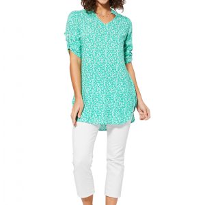 Blouse longue vert turquoise à fleurs – TIPV0005A