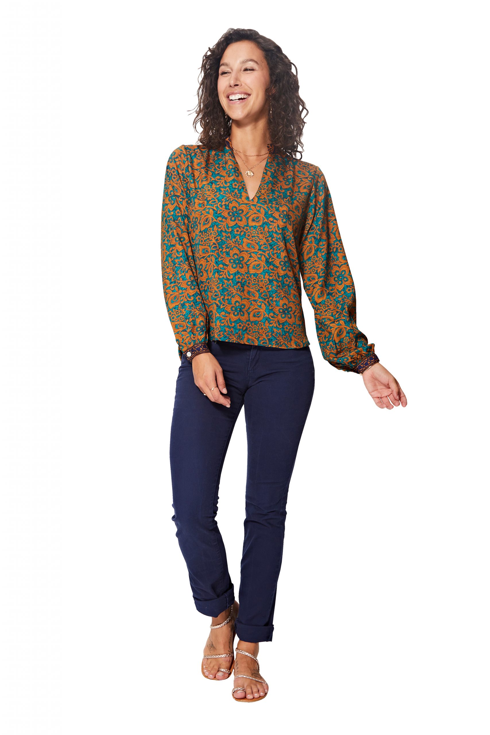 Blouse ethnique turquoise et orange – TIP0051B