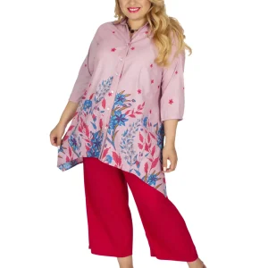 Chemise Rose asymétrique motif bleu floral – CHP0121A