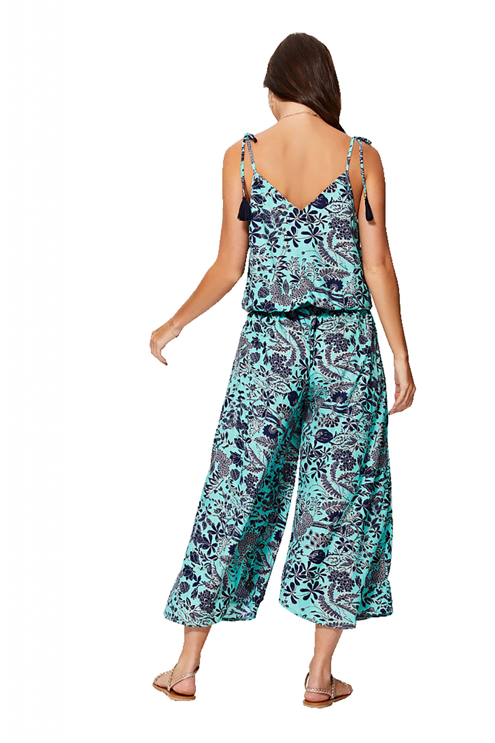 Combinaison à bretelles à nouer Bleue à fleurs ethniques – MCCO2000F – Image 3