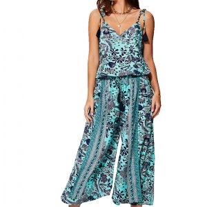 Combinaison à bretelles à nouer Bleue à fleurs ethniques – MCCO2000F