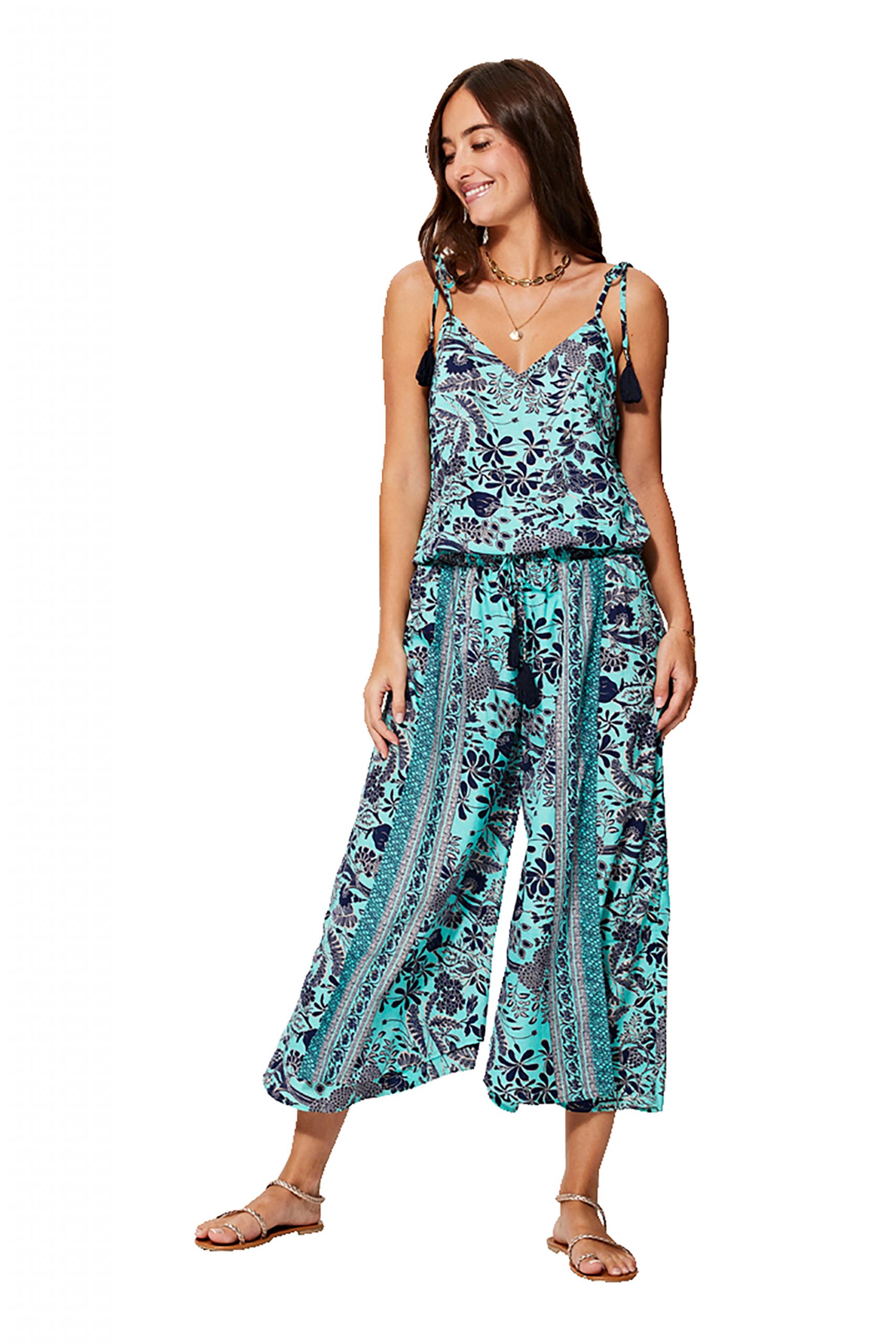 Combinaison à bretelles à nouer Bleue à fleurs ethniques – MCCO2000F – Image 2