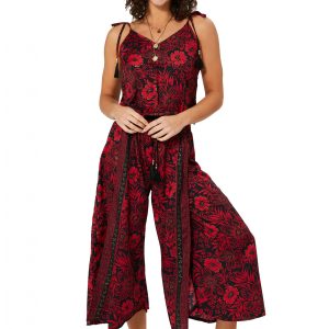 Combinaison à bretelles à nouer Noire à fleurs rouges – MCCO2000D