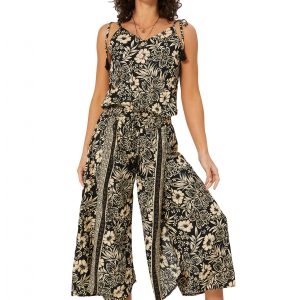 Combinaison à bretelles à nouer Noire à fleurs tropicales – MCCO2000G