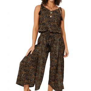 Combinaison à bretelles à nouer Noire à motifs dorés – MCCO2000E