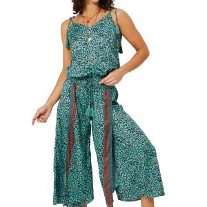 Combinaison à bretelles à nouer Turquoise à motifs ethniques – MCCO2000H