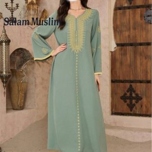Abaya Élégant Brodé – Dentelle Dorée & Manches Évasées (Vert menthe)
