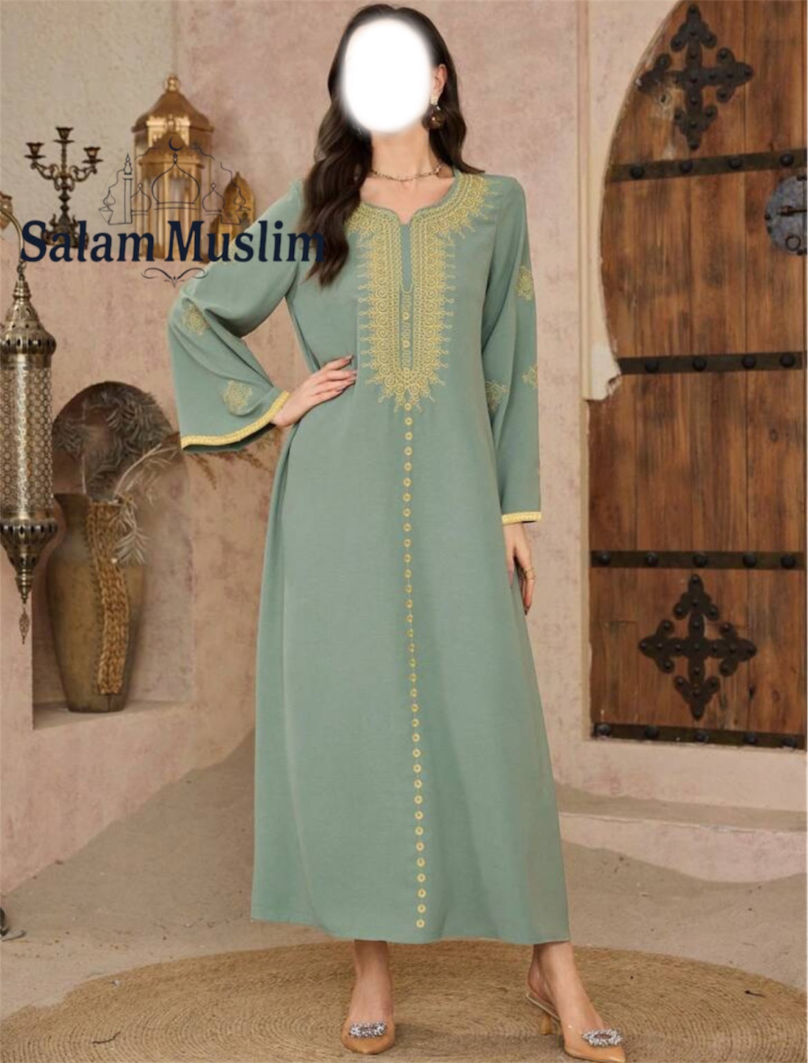 Abaya Élégant Brodé – Dentelle Dorée & Manches Évasées (Vert menthe) – Image 2