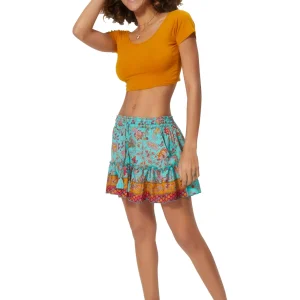 Mini-jupe à pompons, Bleu turquoise imprimé végétal – JIP0036A